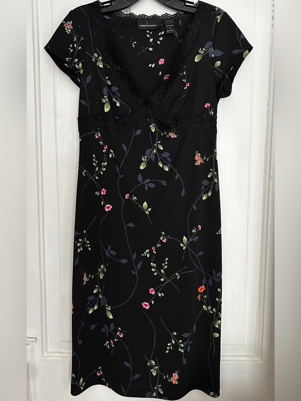 Moda International Black Floral Lace-Trim Dress with Pink and Green Floral NWOT